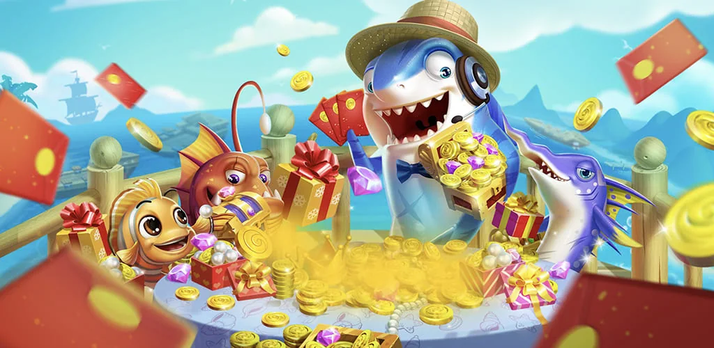 Ilustrasi permainan tembak ikan dengan suasana laut biru